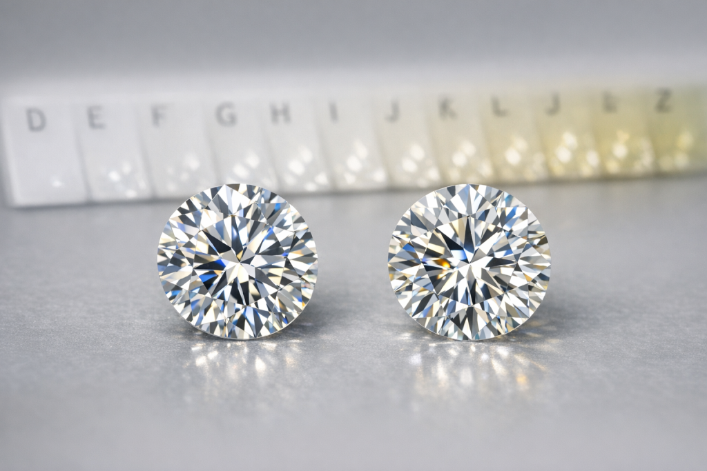Two near‑colourless round brilliant diamonds—one lab‑grown and one natural—on a neutral background with a subtle D–Z colour scale.
