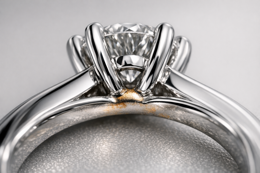 Macro view of a white gold ring showing early rhodium wear revealing a warmer base tone