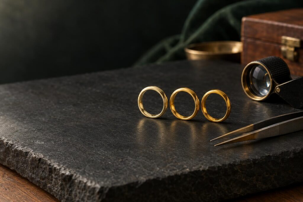 Three plain gold rings in graduated shades of yellow on a slate bench beside a loupe and tweezers