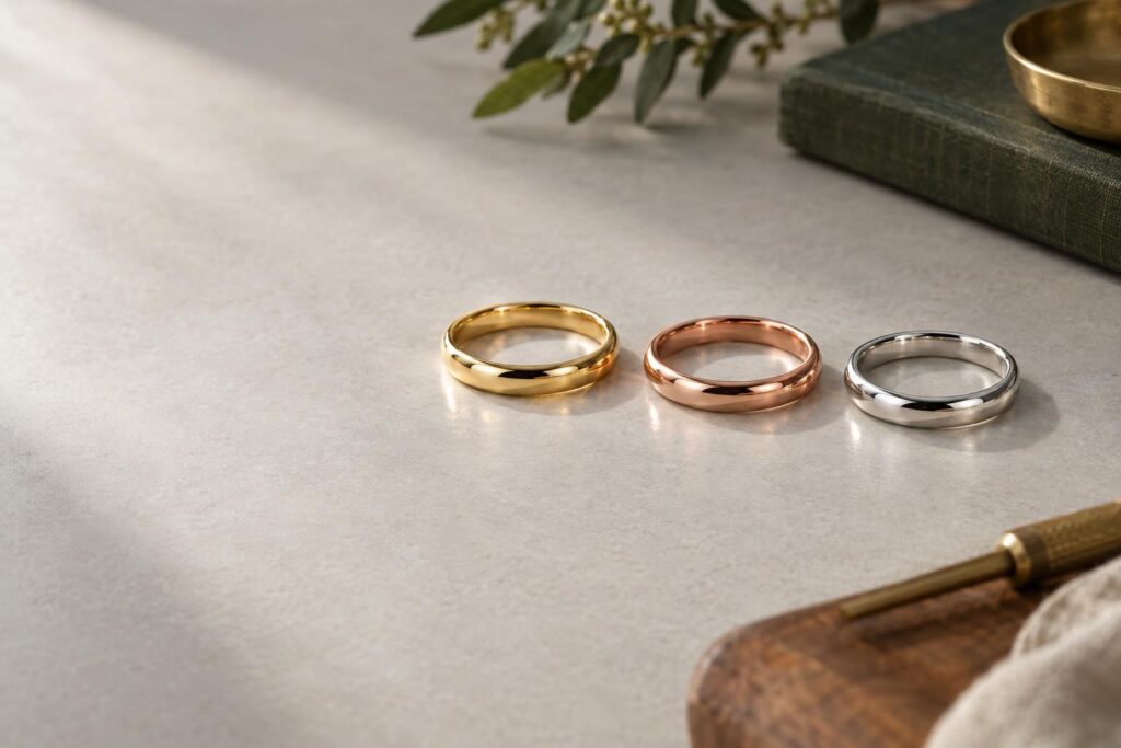 Yellow, rose and white gold rings side by side showing how added metals change colour