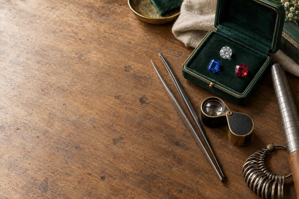 Jeweller's workbench with loose gemstones, loupe, tweezers, ring mandrel, and sizing tools on wood surface.