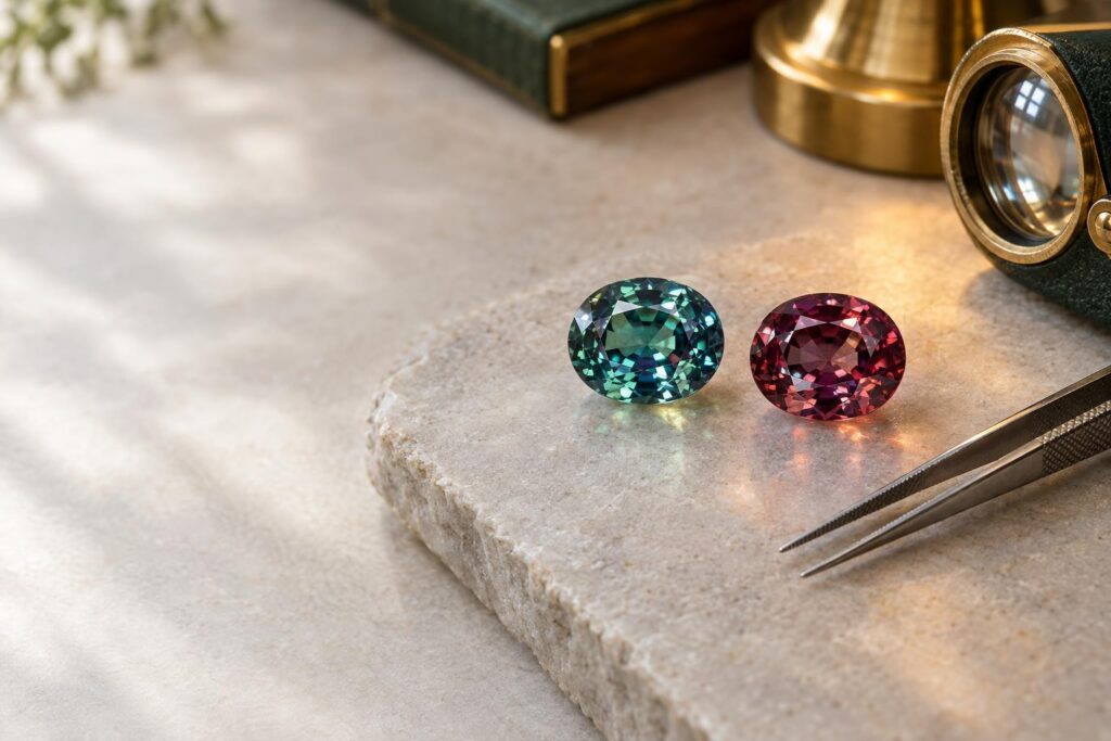 Two oval alexandrites, one bluish green in daylight and one purplish red in lamplight, with tweezers and a loupe on grey stone