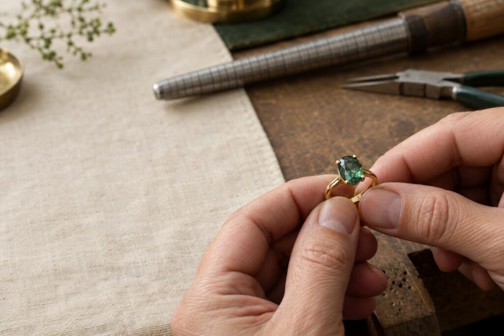 Hands holding a gold ring with an oval green alexandrite in a claw setting, mandrel and pliers behind