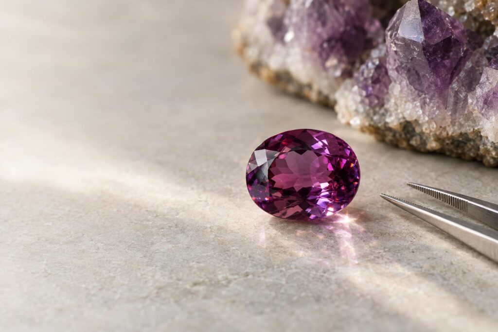 Faceted oval reddish-purple amethyst on a pale surface beside rough amethyst crystals and tweezers