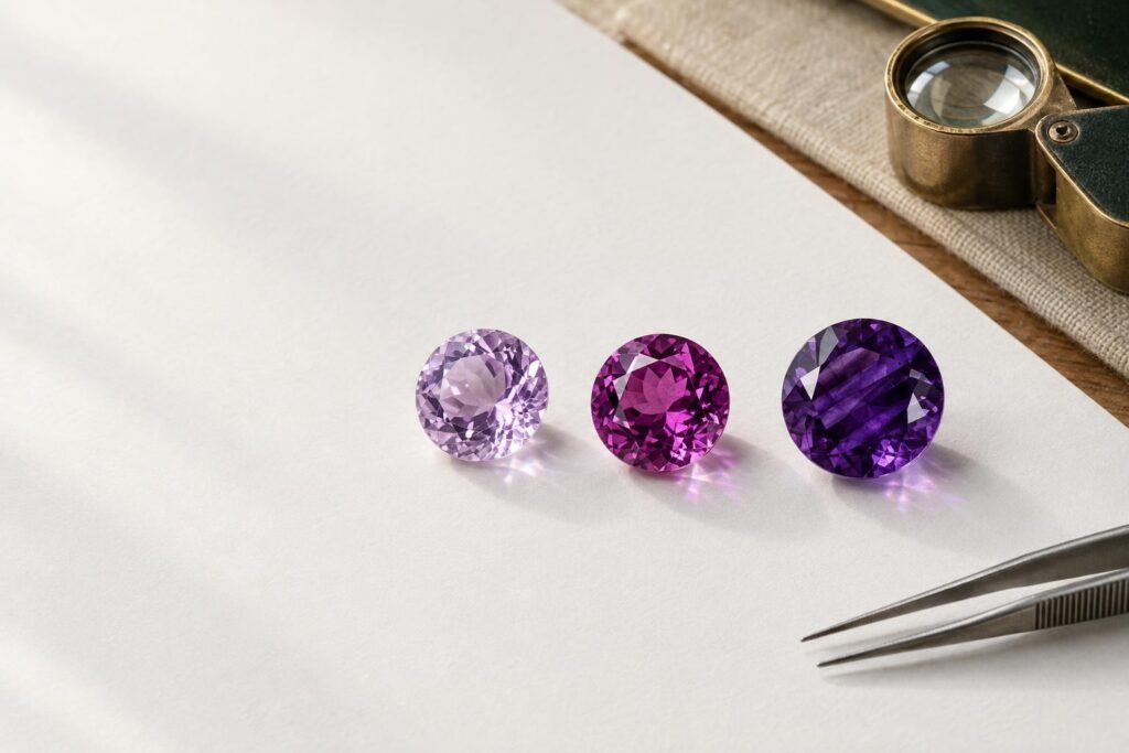 Three loose faceted amethysts from pale lilac to deep purple on white paper, one showing colour zoning