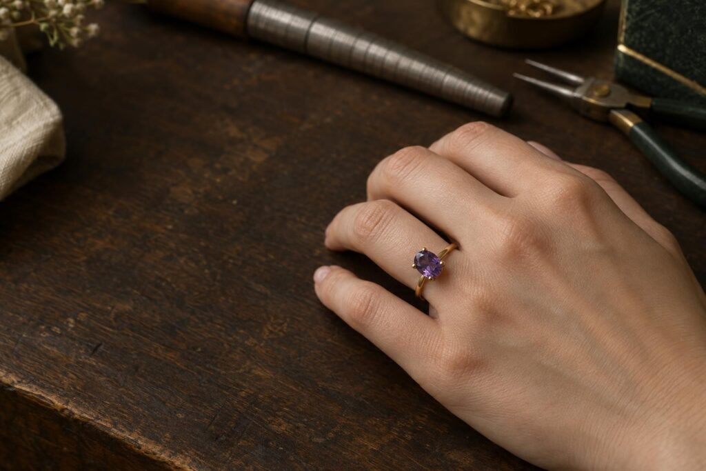 Hand wearing a gold ring with an oval amethyst on a jeweller's bench with a mandrel and pliers behind