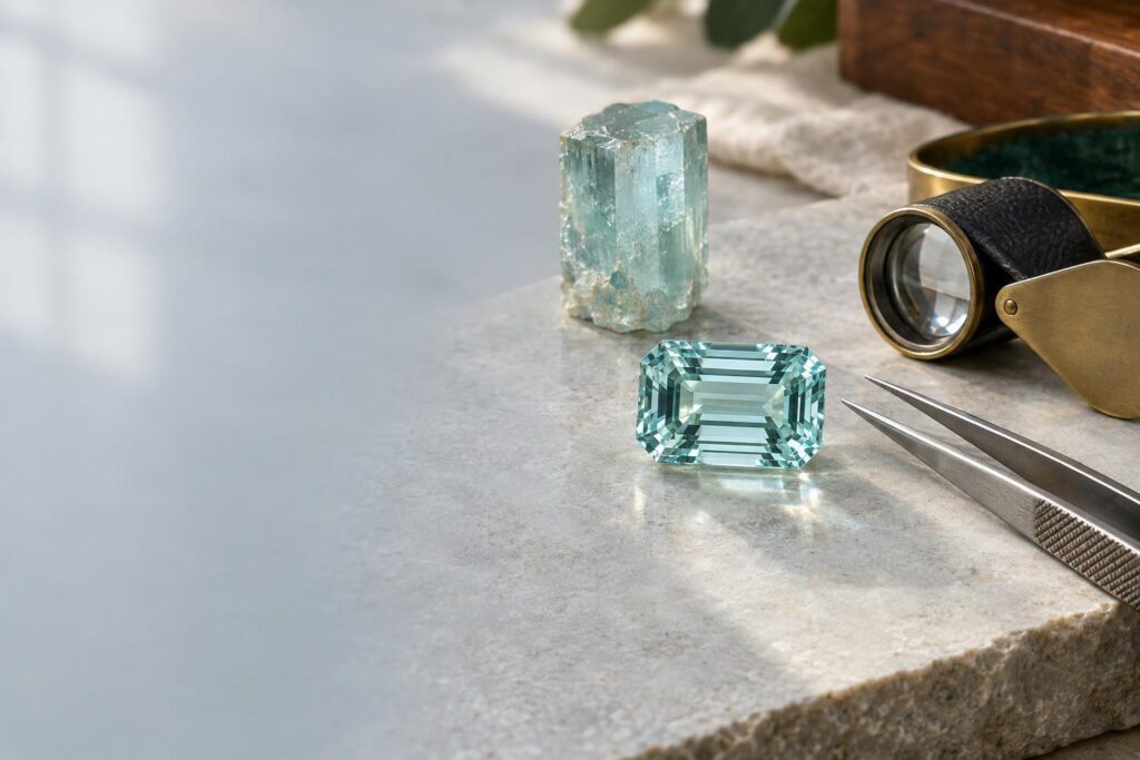 Emerald-cut aquamarine with tweezers, loupe and rough crystal on a pale stone surface