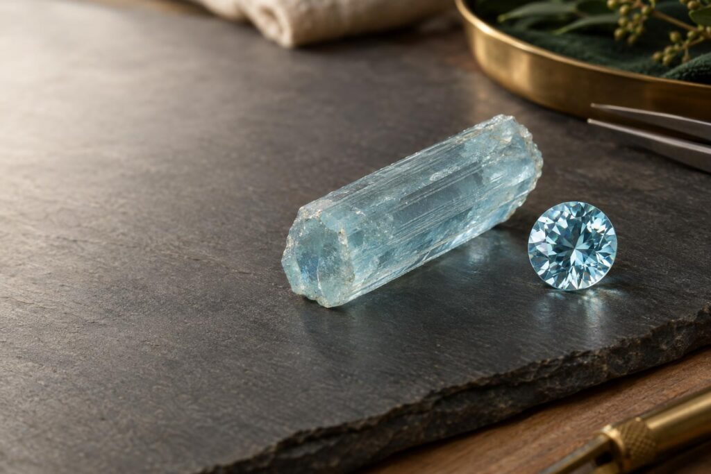 Rough hexagonal aquamarine crystal beside a cut round brilliant aquamarine on slate