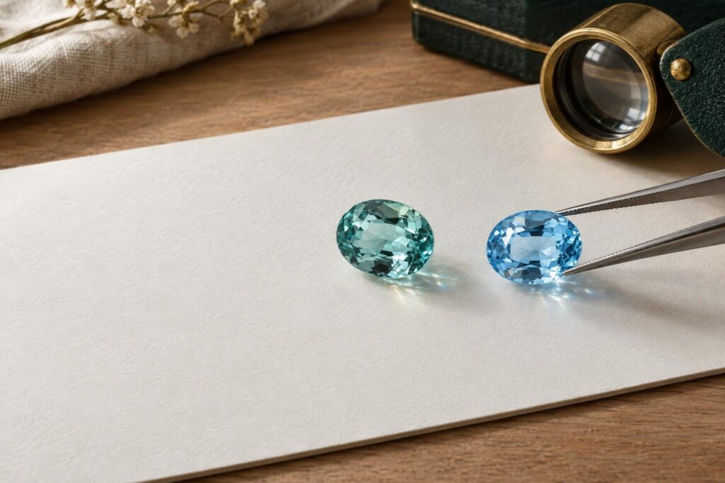 Two oval aquamarines, one greenish and one pure blue, compared on white card