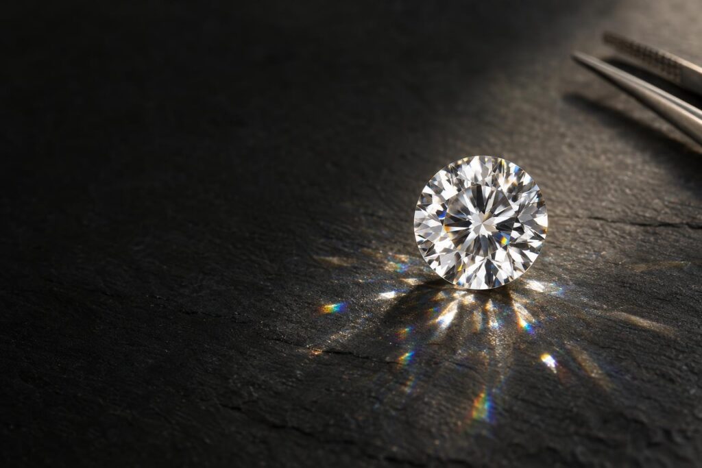 Colourless round brilliant diamond on dark slate under a single spotlight, flashing white light and rainbow colours