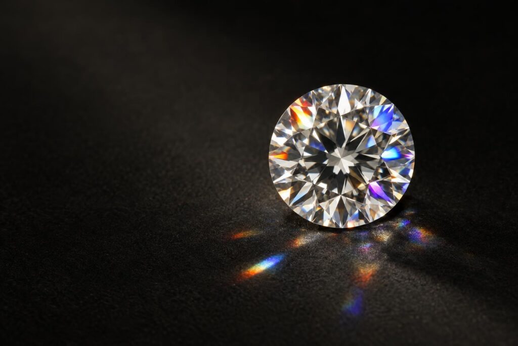 Round brilliant diamond under a single spotlight showing flashes of rainbow colour from its facets
