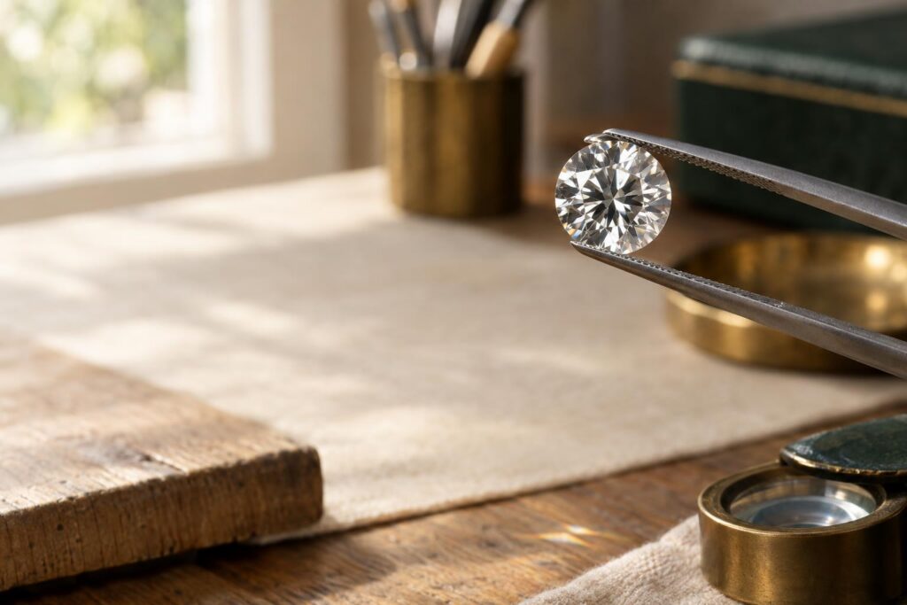 Round brilliant diamond held in tweezers, tilted to show bright white and dark facet patterns