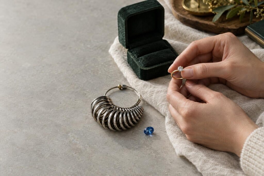 Hands holding a diamond solitaire ring beside a ring box, sizing rings and a loose sapphire on linen