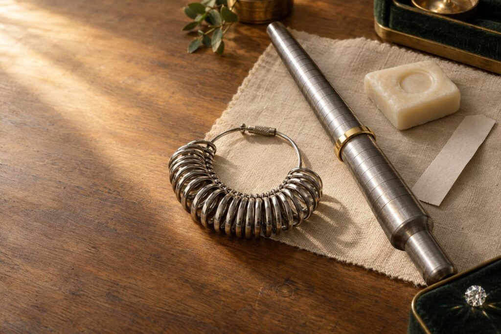 Ring sizing gauge, mandrel, plain band and soap bar showing impression used to estimate ring size