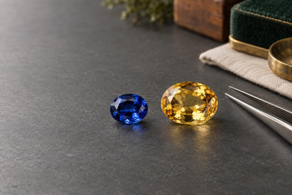 Small blue oval sapphire beside a larger yellow oval citrine of equal weight on slate