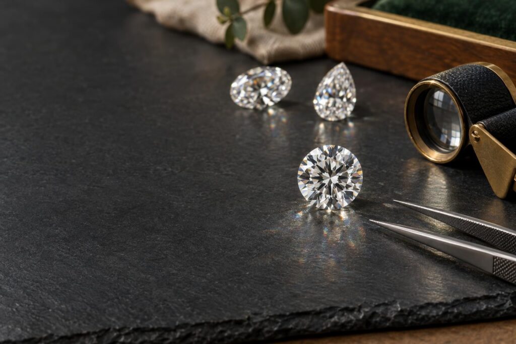 Loose round brilliant diamond on slate with a jeweller's loupe, tweezers and other diamonds blurred behind