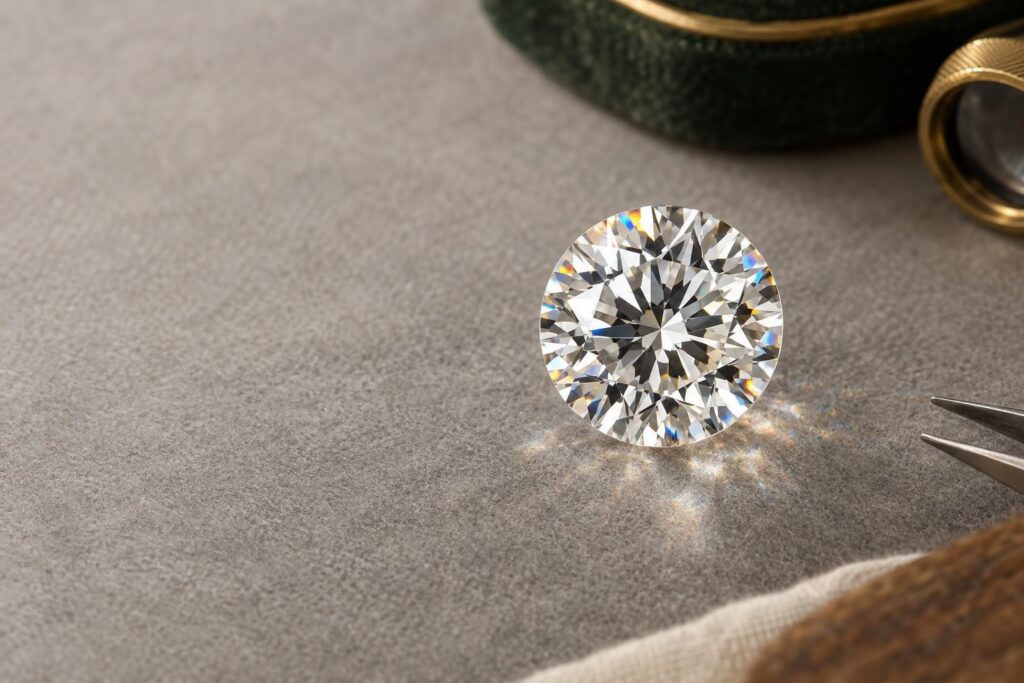Close-up of a round brilliant diamond showing its facets and light return