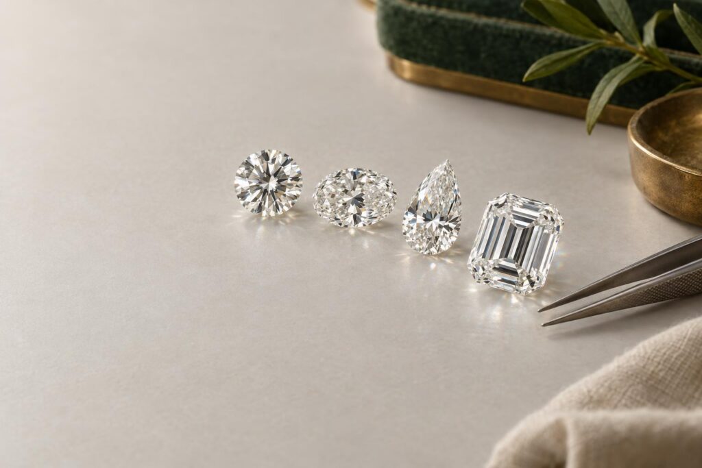 Round, oval, pear and emerald-cut loose diamonds in a row on a grey surface