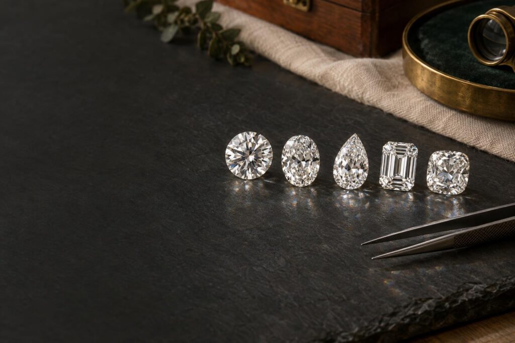 Loose colourless diamonds in round, oval, pear, emerald and cushion shapes on dark slate beside tweezers