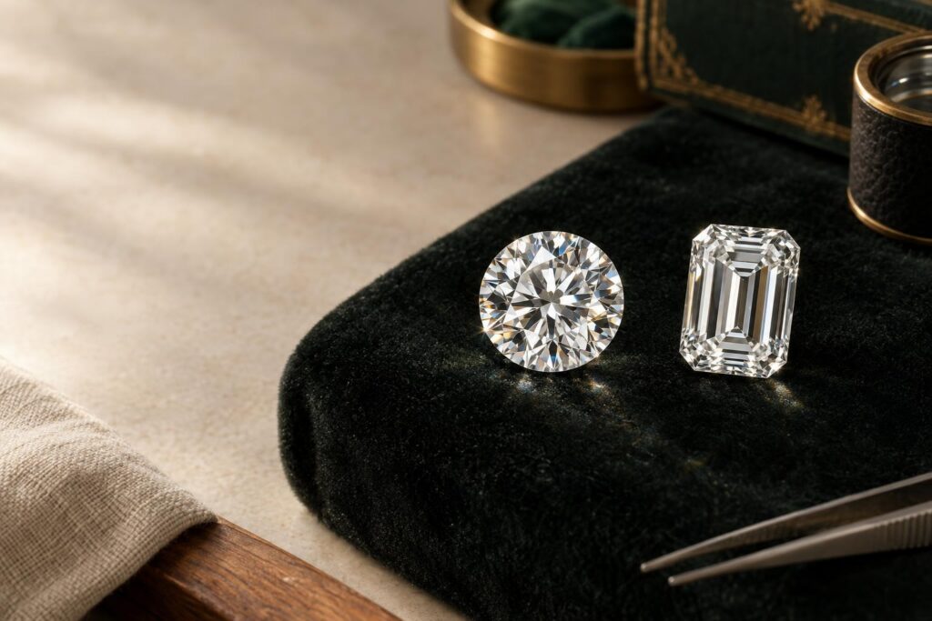 Round brilliant and emerald-cut diamonds side by side showing sparkle versus step-cut gleam