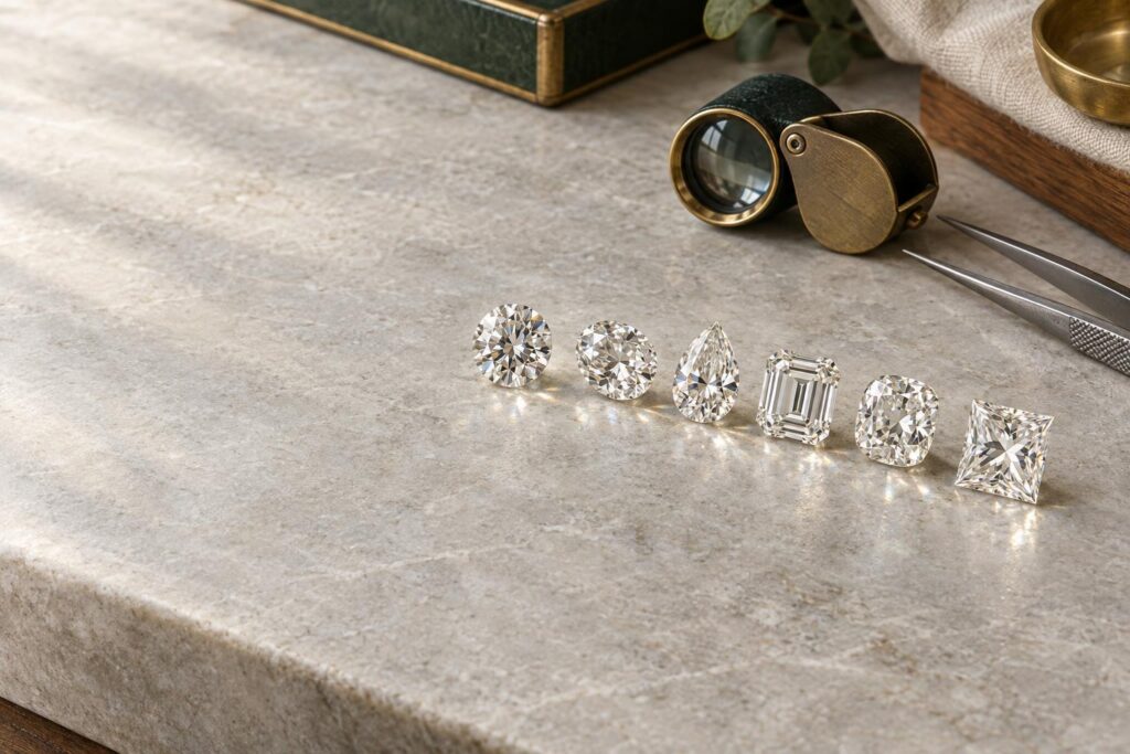 Six loose diamonds in different cuts in a row on a grey bench with a loupe and tweezers