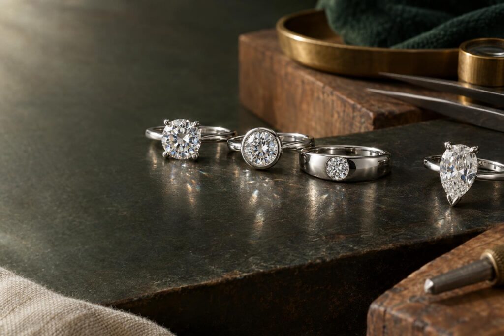 Prong, bezel and flush diamond ring settings side by side on a dark bench