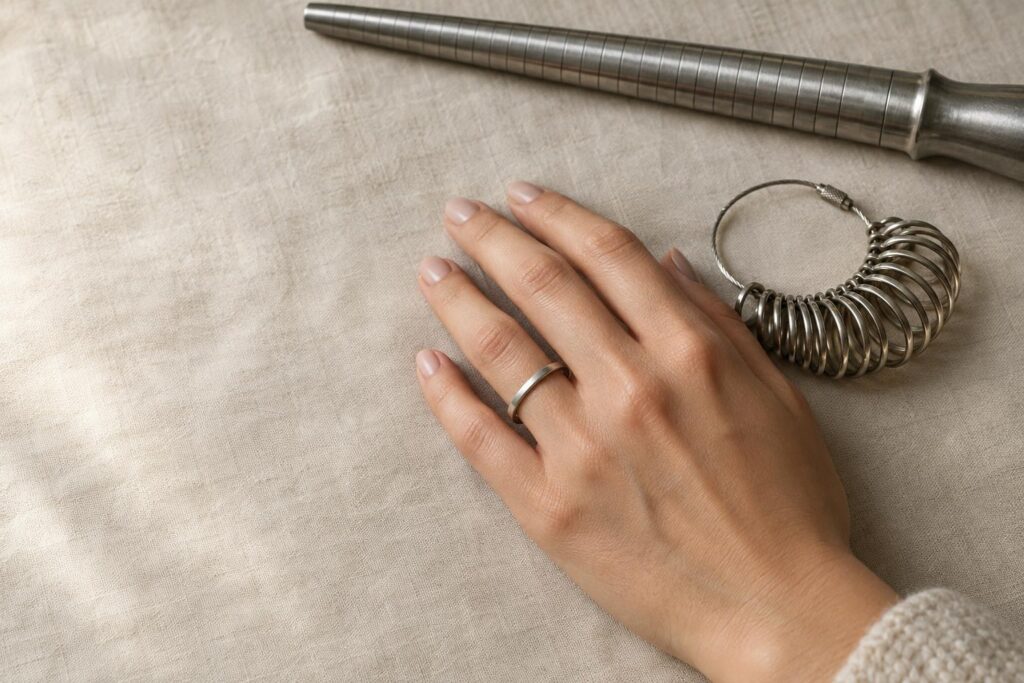 Hand with a ring sizing loop on the ring finger beside a steel ring mandrel