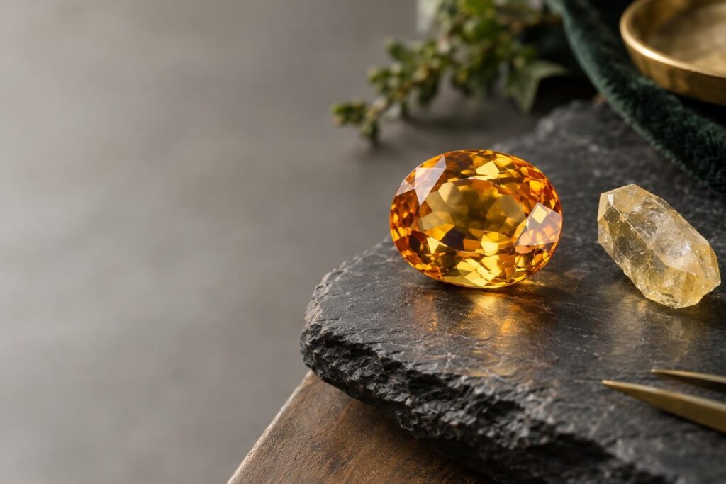 Golden-orange oval faceted citrine on dark slate beside a raw quartz crystal point