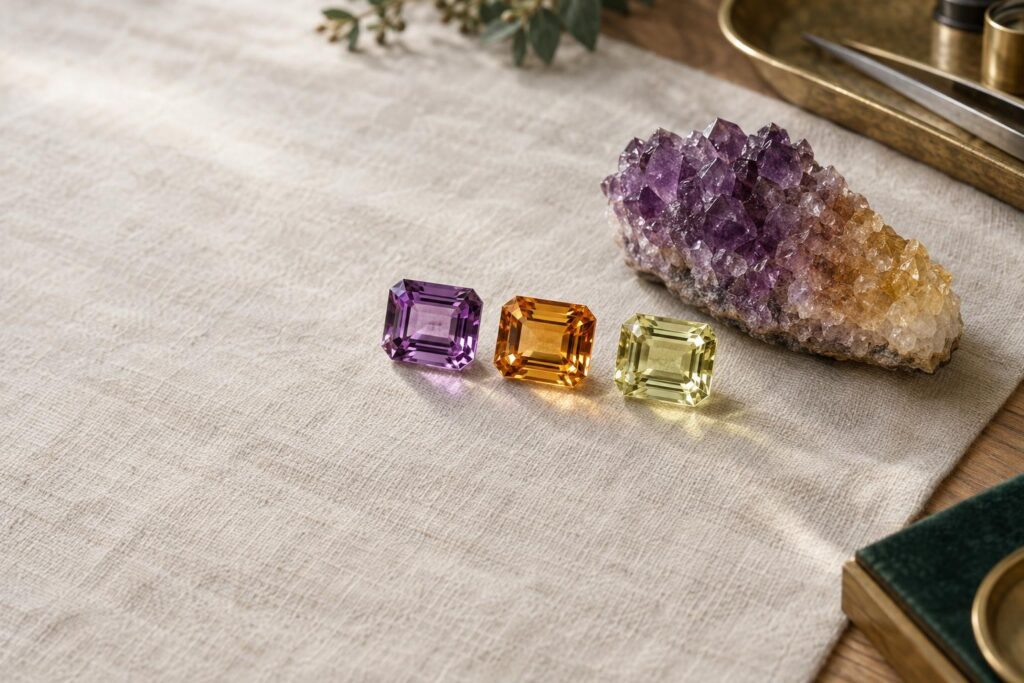Amethyst, golden citrine and lime citrine emerald cuts beside a rough amethyst cluster
