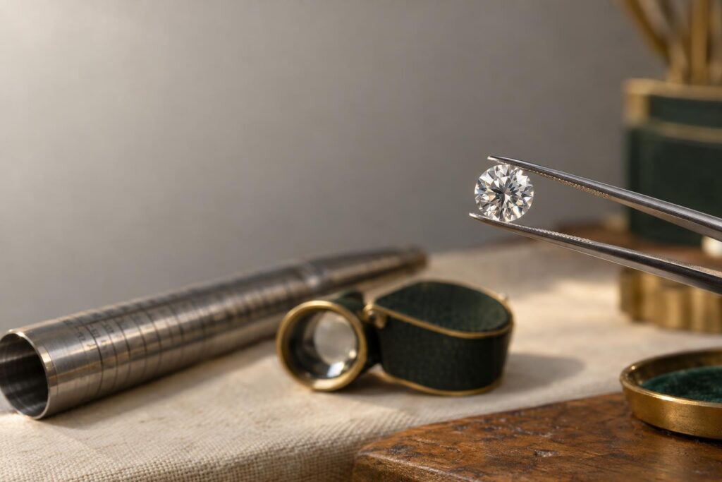 Tweezers holding a brilliant-cut diamond above a jeweller's workbench with a ring mandrel and loupe nearby.
