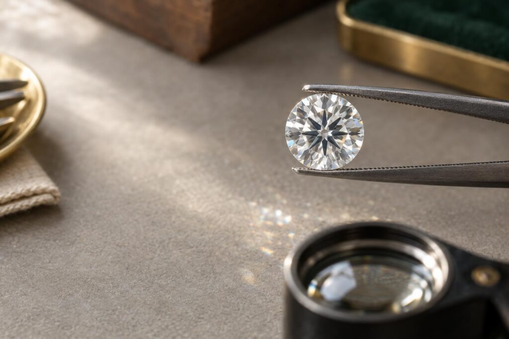 Looking through the table of a round brilliant diamond held in tweezers, with the culet facet visible at the centre of the facet pattern