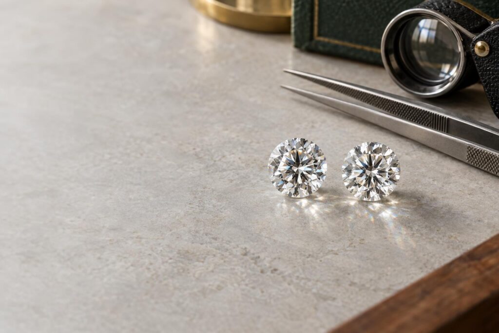 Two matching colourless round brilliant diamonds on a grey slab beside tweezers and a loupe