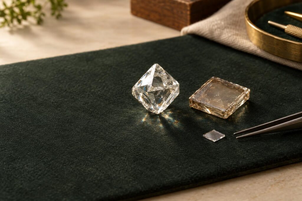 Rough HPHT cuboctahedral crystal beside a flat square CVD diamond tablet on a dark bench mat