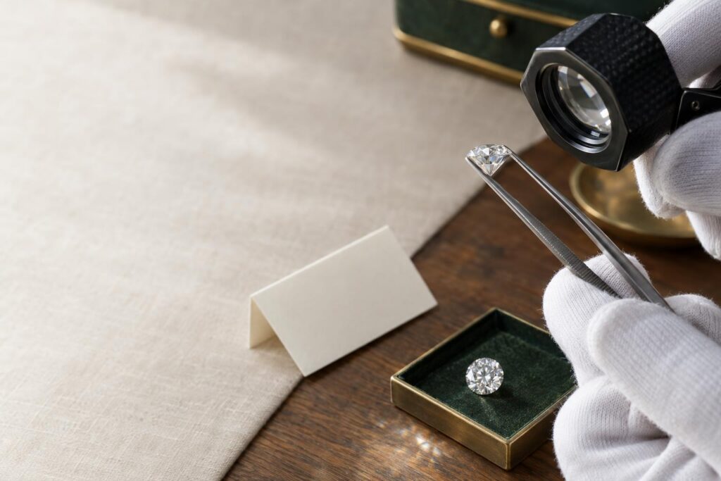Tweezers holding a round brilliant diamond by the girdle edge under a loupe on a bench