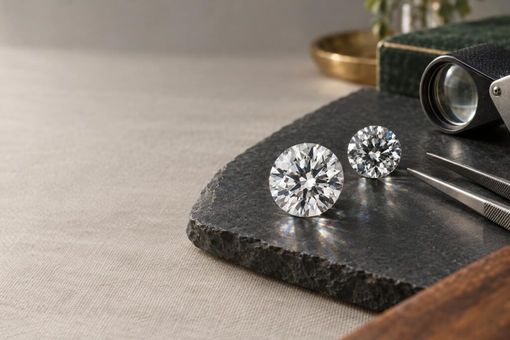 Two loose round brilliant diamonds of different face-up size on a slate tray with tweezers and a loupe