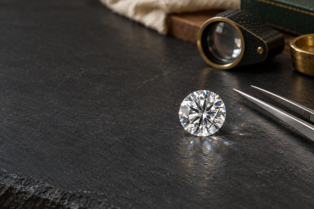 Colourless round brilliant diamond sparkling on dark slate beside tweezers and a loupe