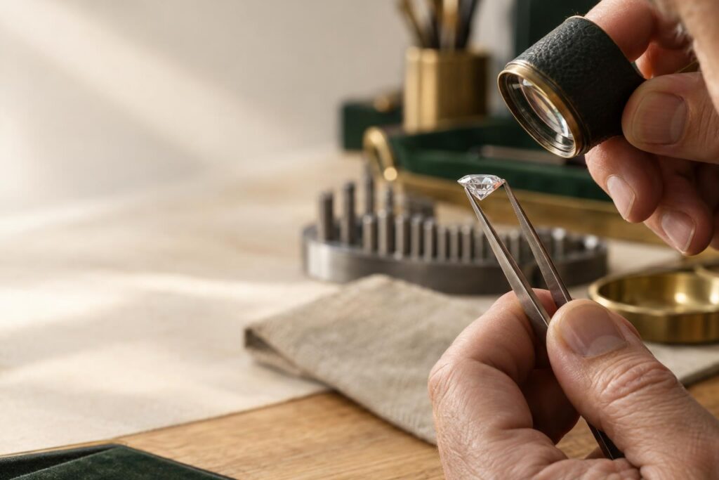 Tweezers holding a round brilliant diamond in profile showing crown, girdle and pavilion