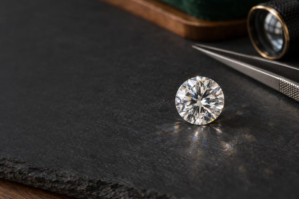 A colourless round brilliant diamond on dark slate with tweezers and a loupe nearby
