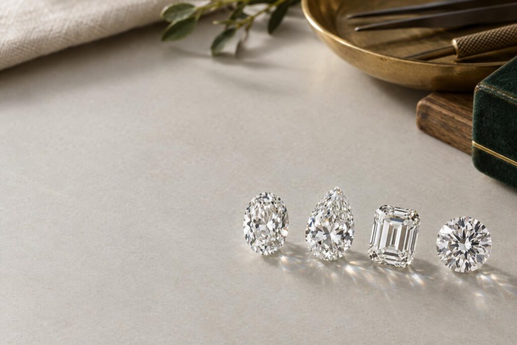 Round, oval, pear and emerald cut diamonds in a row showing different shapes and facet patterns