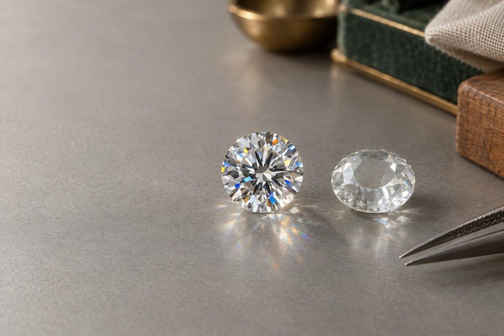 Well-cut brilliant diamond showing rainbow fire beside a poorly cut stone that looks dull