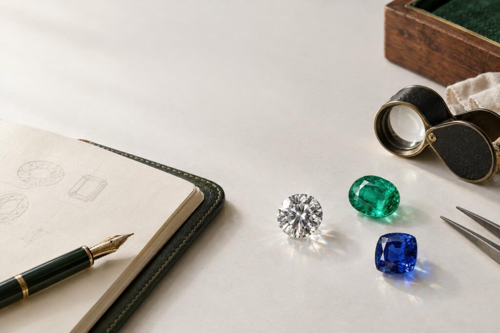 Loose gemstones, notebook, pen and loupe on a jeweller's workbench with natural lighting.