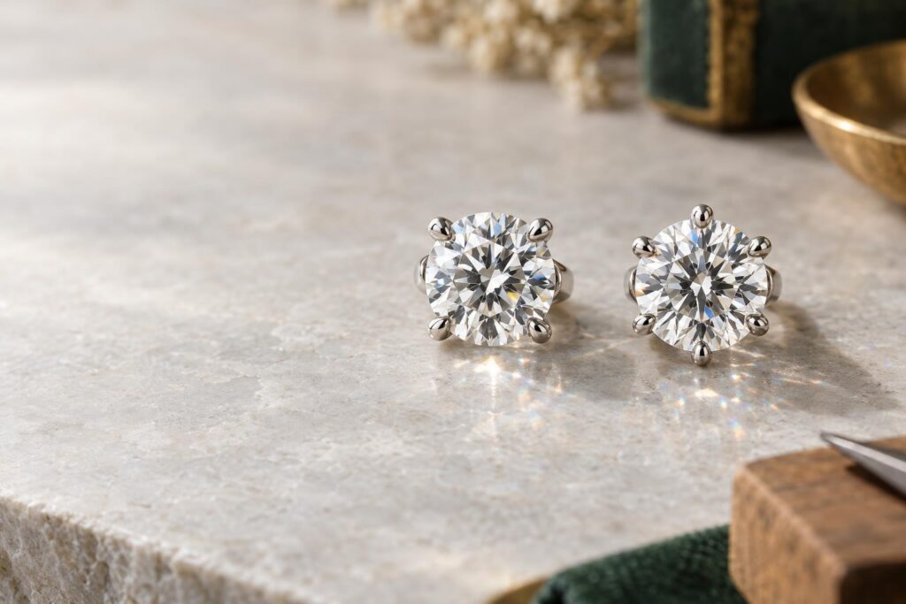 Two solitaire ring heads, one with four claws and one with six, each holding a round brilliant diamond