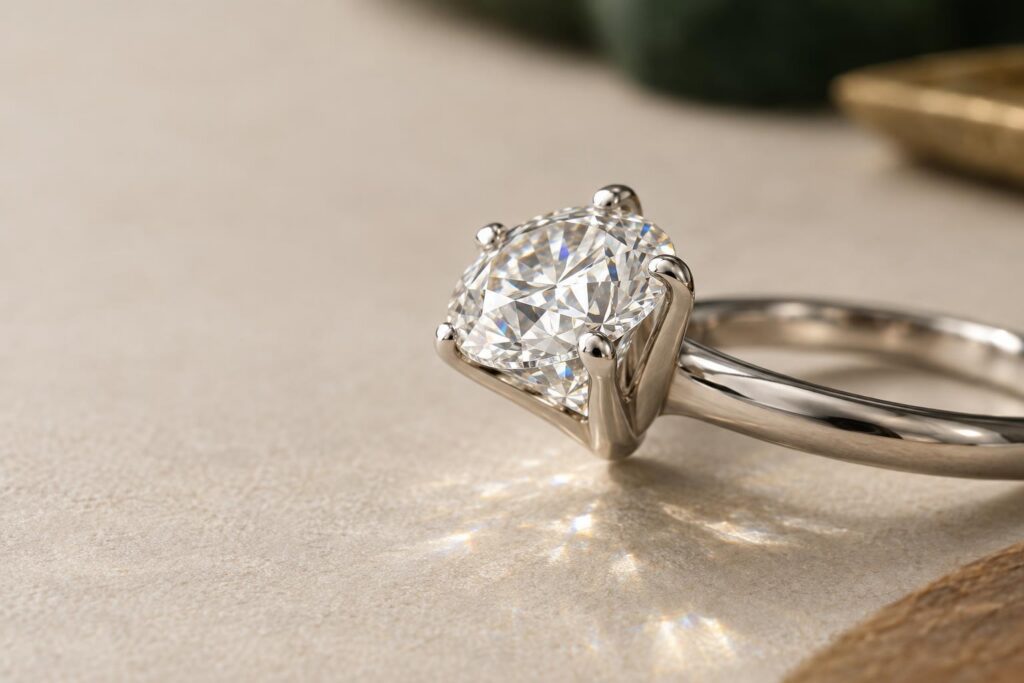 Close-up of a round diamond held by six white gold claws curving over the girdle