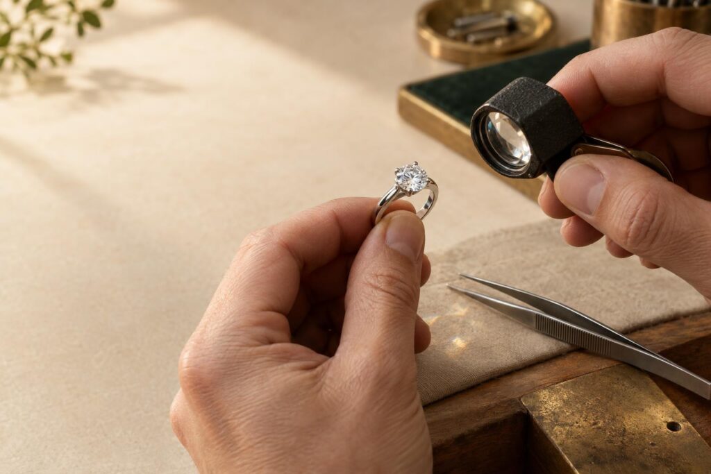 Jeweller's hands checking a solitaire ring's claws with a loupe and tweezers at a bench