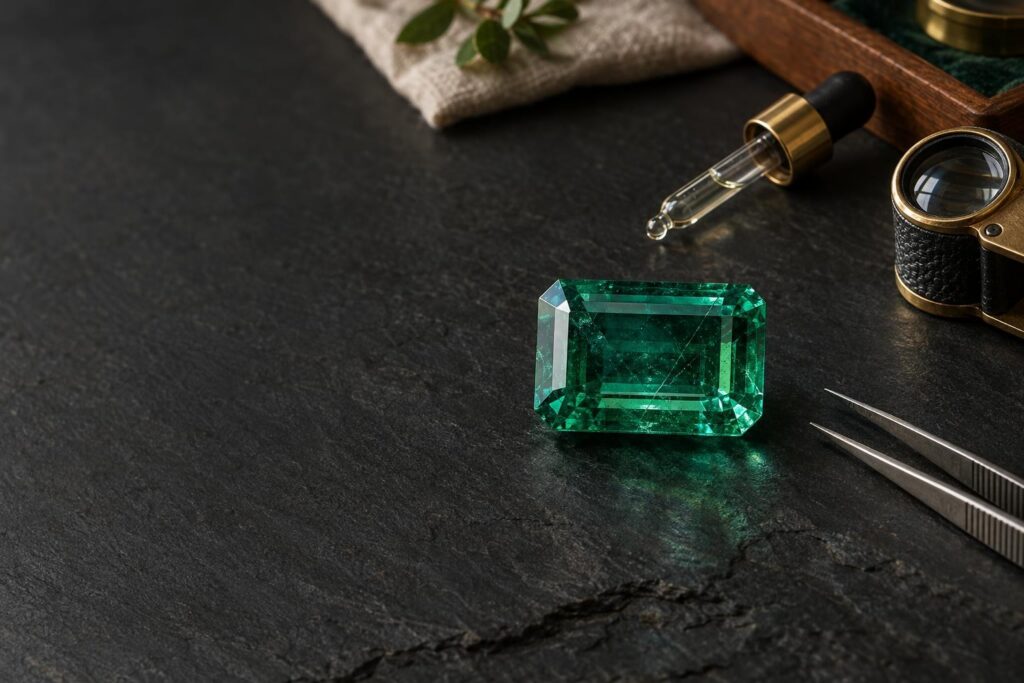 Step-cut emerald with surface fissures partly filled with oil, beside a dropper, loupe and tweezers on slate