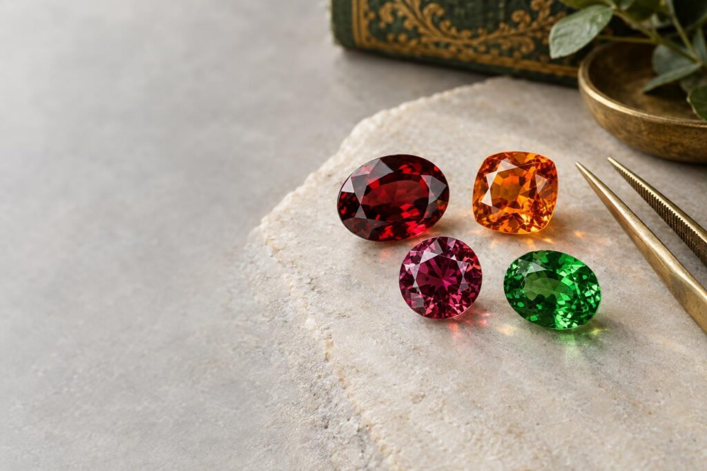 Loose faceted garnets in red, orange, purple-red and green on a pale stone surface beside tweezers