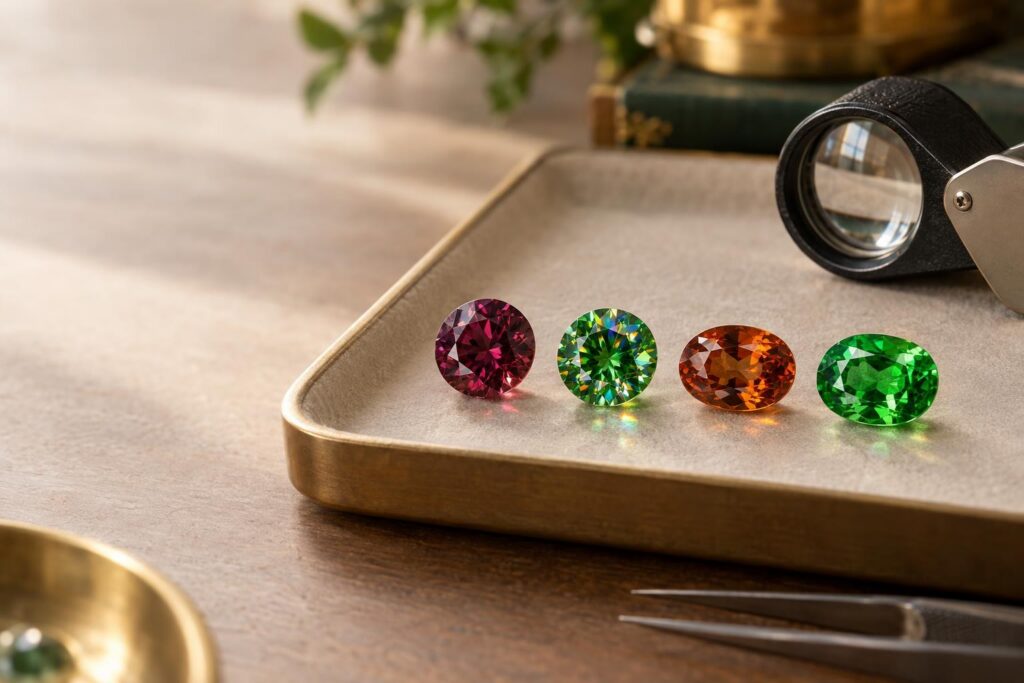 Rhodolite, demantoid, hessonite and tsavorite garnets side by side on a tray with a loupe