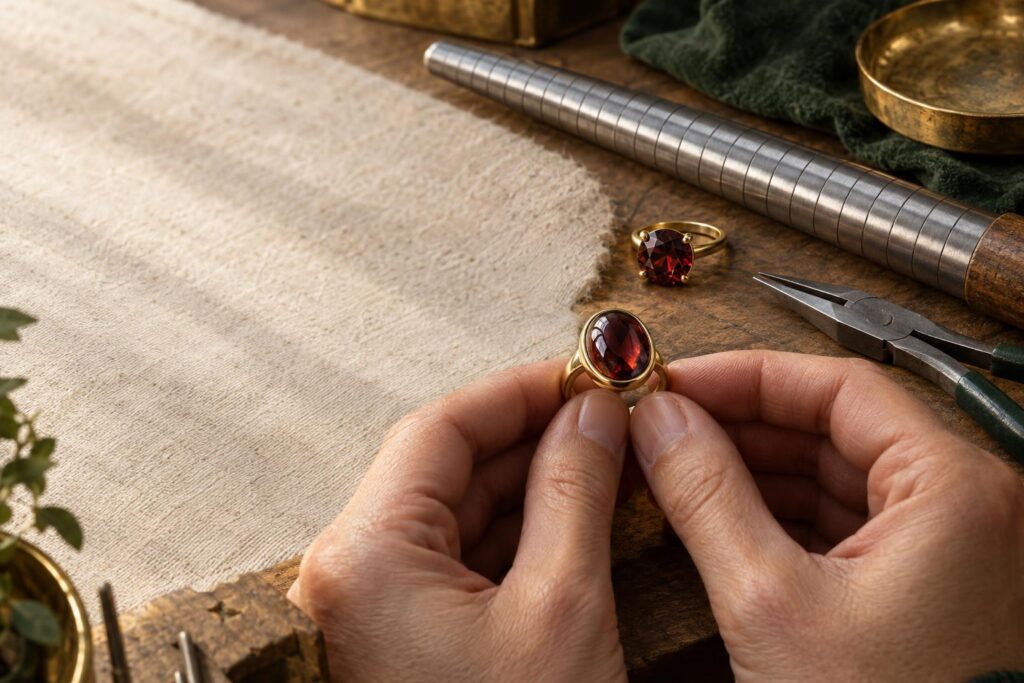 Jeweller's hands holding a bezel-set garnet cabochon ring beside a claw-set faceted garnet at a bench