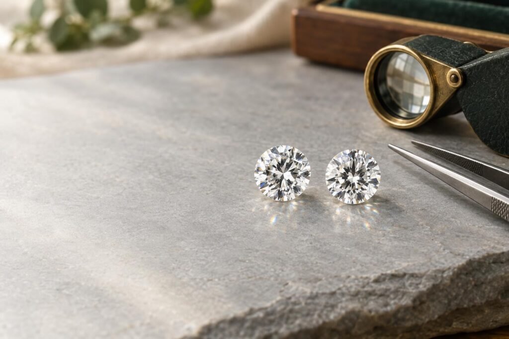 Two matching colourless round brilliant diamonds on slate with a loupe and tweezers, set up for side-by-side comparison