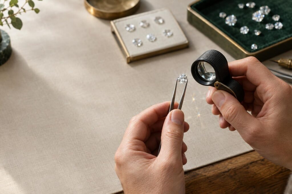 Jeweller's hands examining a round brilliant diamond with tweezers and a 10x loupe at a bench